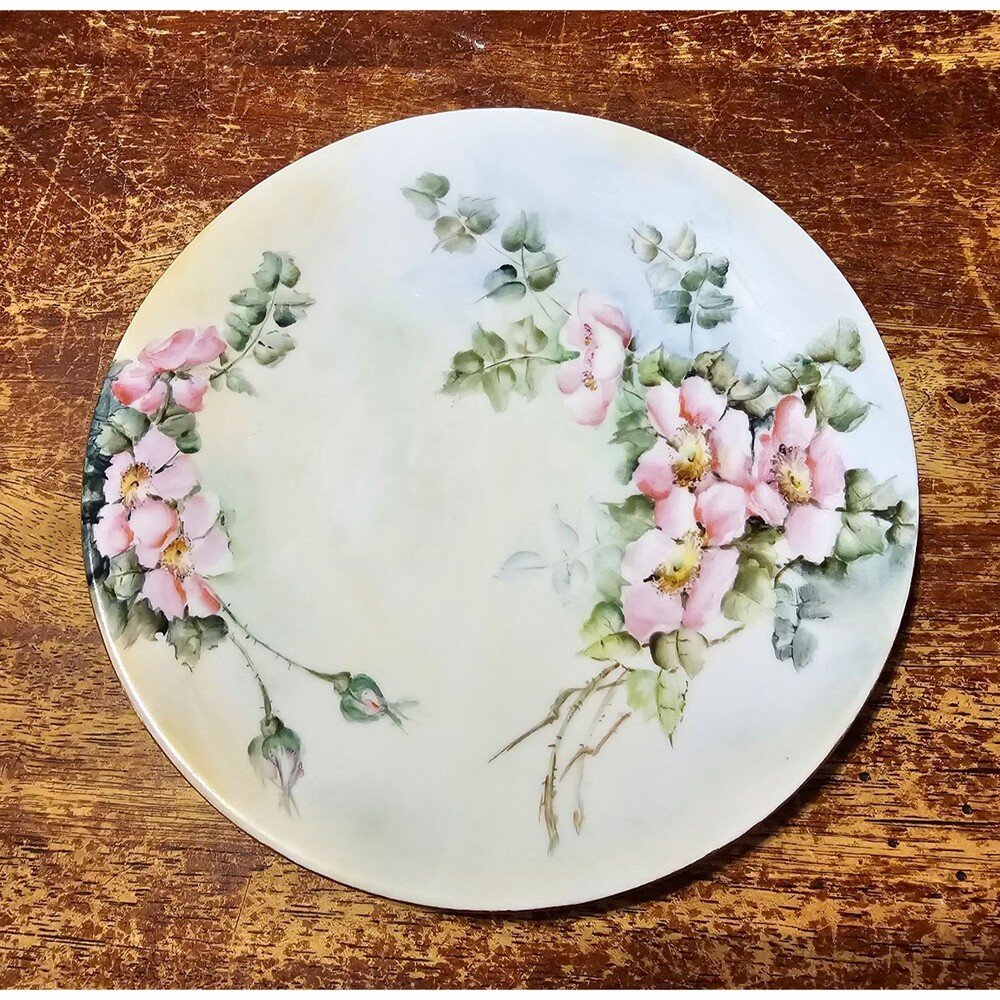 T&V France Floral Porcelain Plate 8" Round White Pink Green Printed France